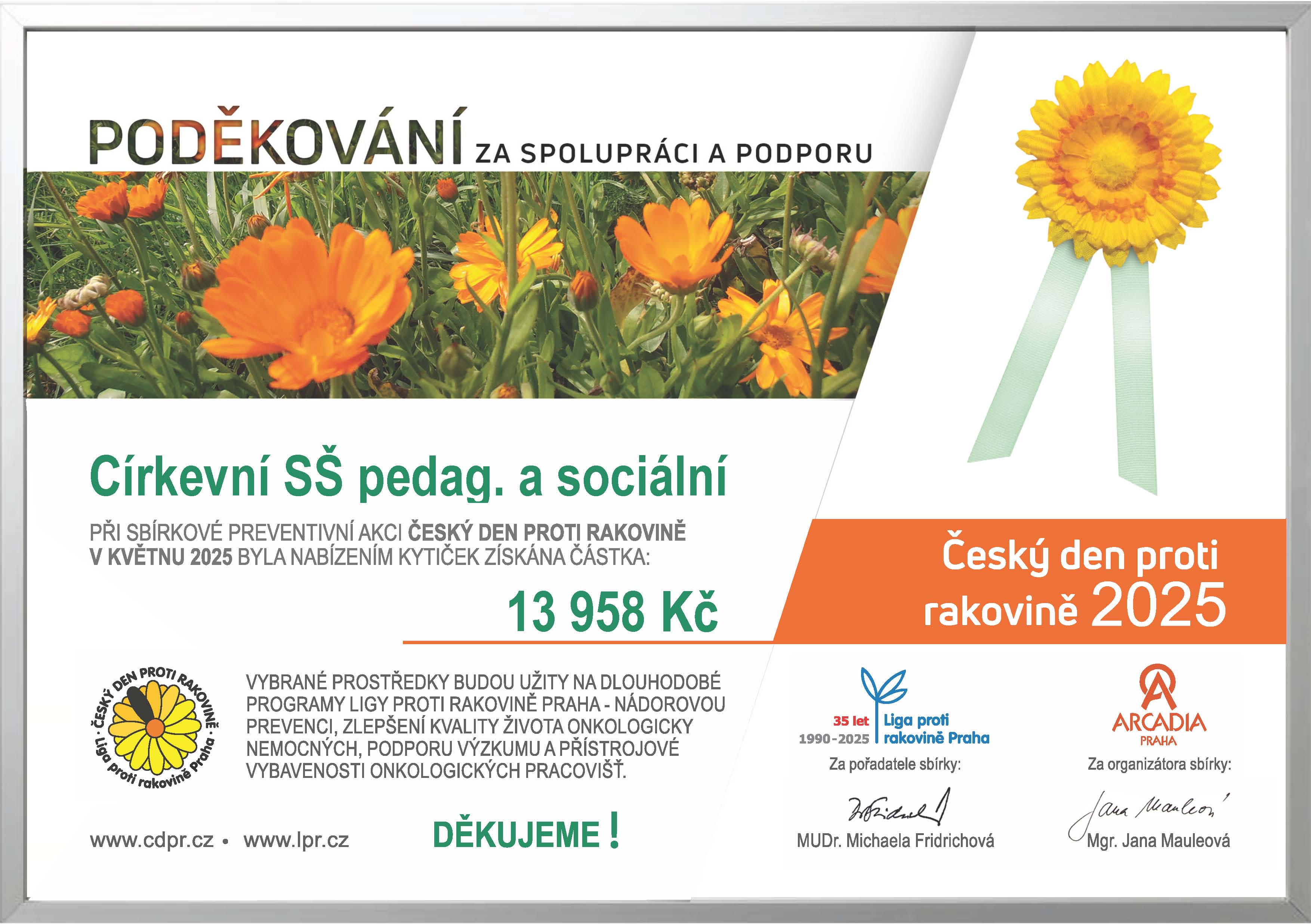 CDPR 2025 podekovani Církevní SŠ pedag. a soc. 