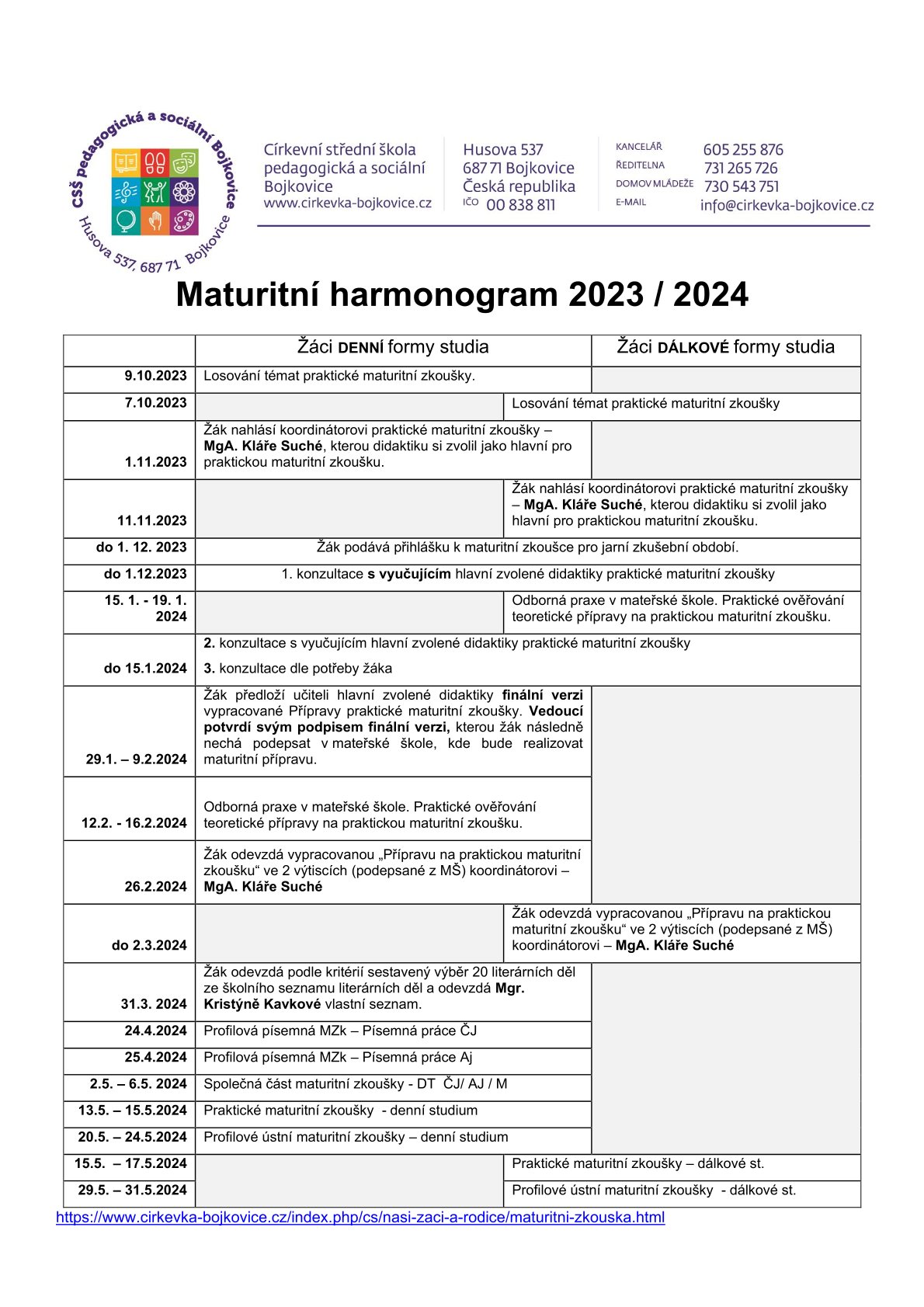 Maturitní harmonogram 2023 2024
