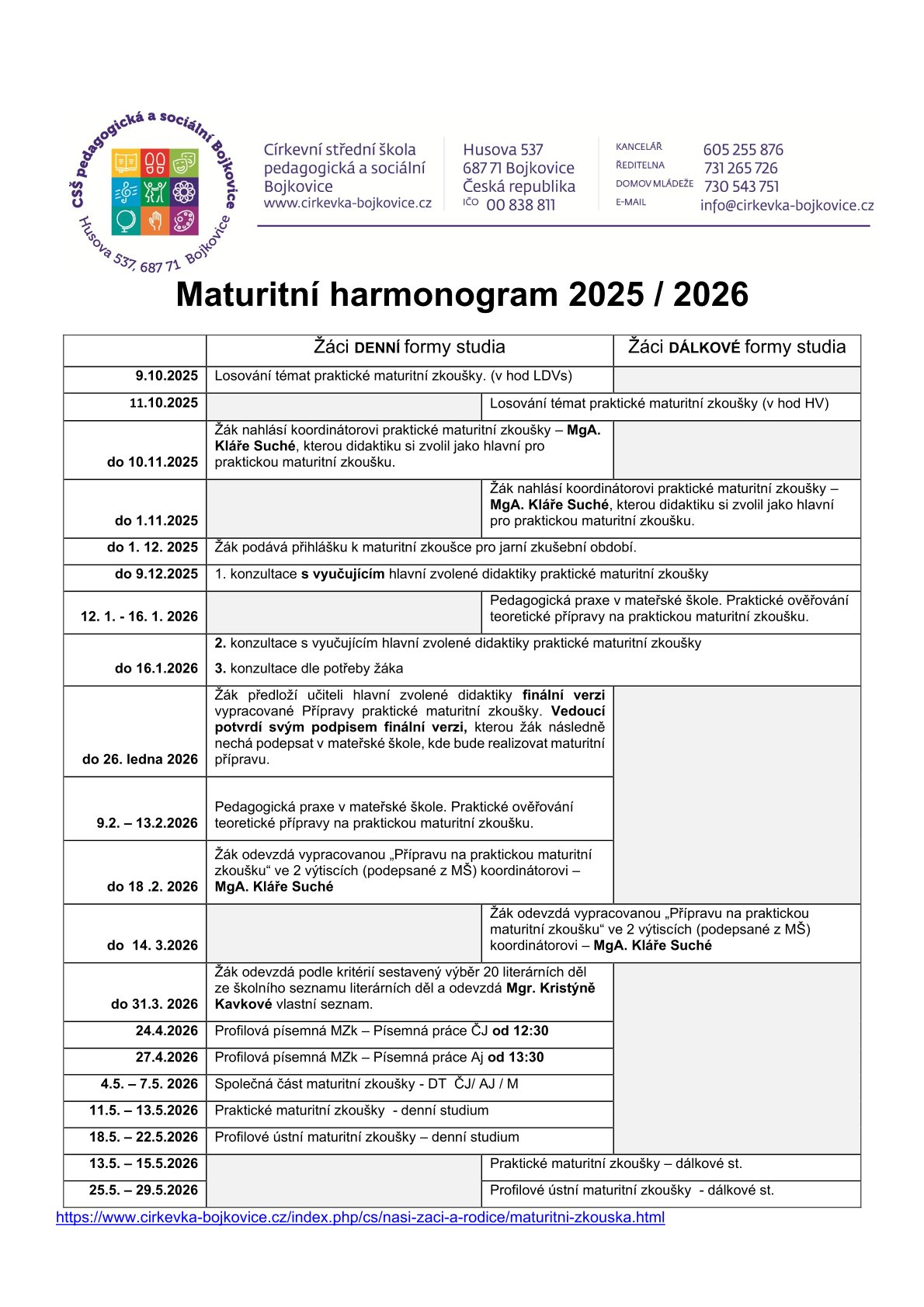 Maturitní harmonogram 2025 2026 